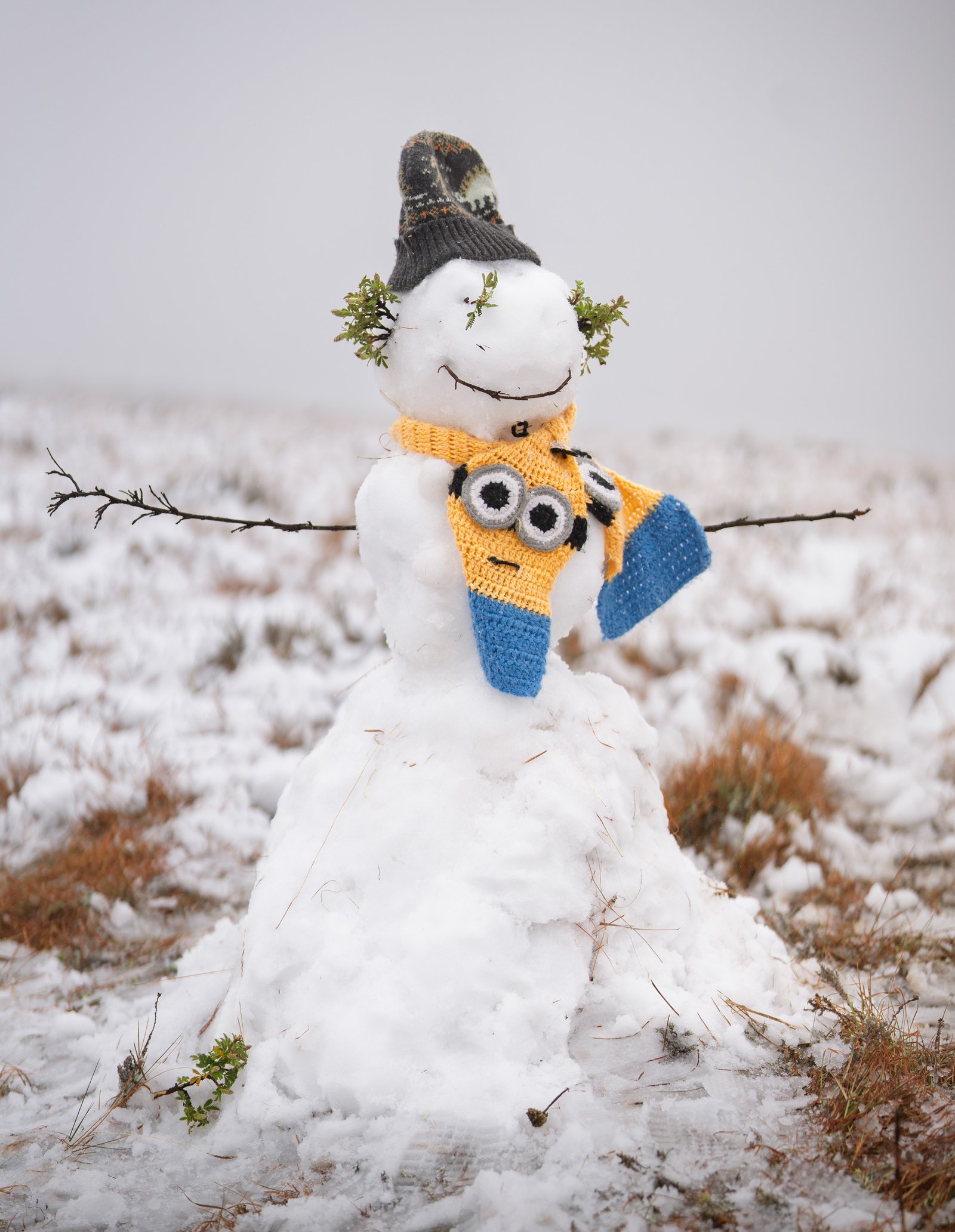 A snowman wearing a yellow scarf in a snow-covered Hogsback garden.